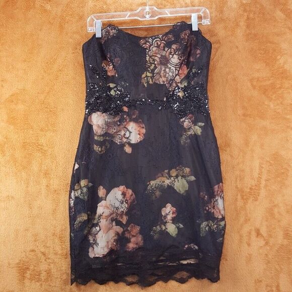 MARCHESA NOTTE Womens Sheath Dress Small Black Strapless Floral Lace Beaded Silk - Picture 3 of 13